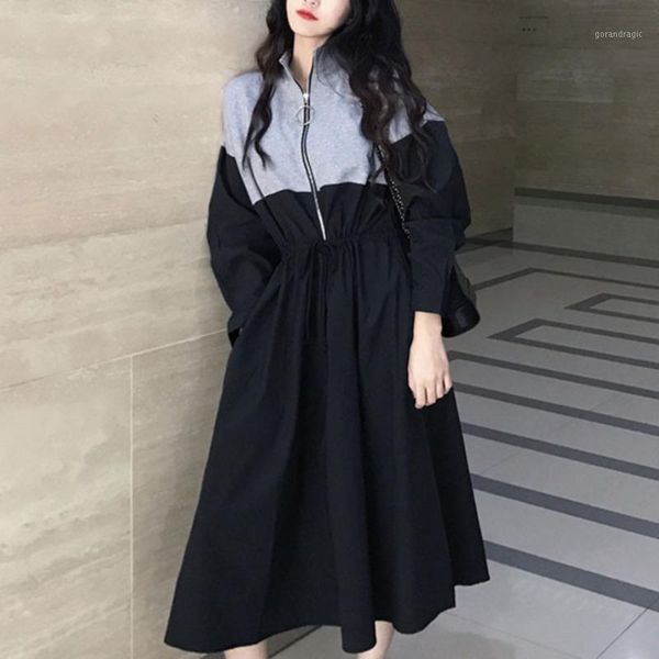 

fashiontide spring and autumn korean students style stand collar zipper patchwork long sleeve loose lady sweater style dress1, Black;gray