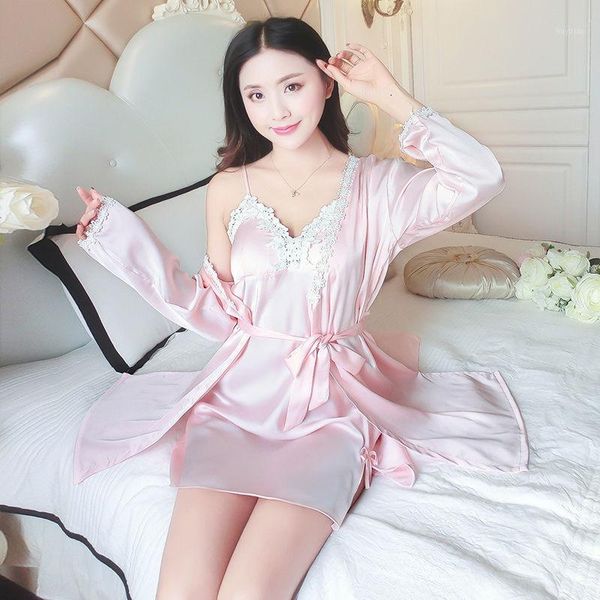

spring summer autumn women robe homewear nightgown 2pcs set intimate comfortable casual brand new satin sleepwear1, Black;red