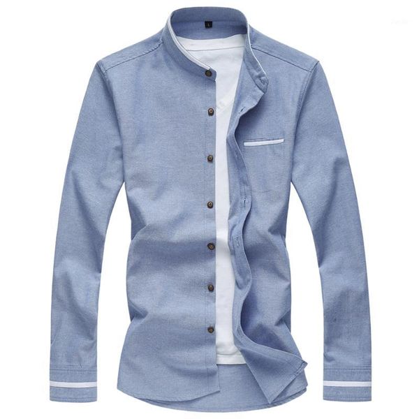 

chinese style pure color oxford shirt men fashion mandarin collar shirt long sleeve casual social male denim blue 7xl 7xl1, White;black