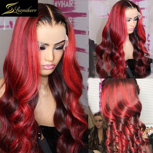 

lace wigs colorful highlight 99j red burgundy hd transparent deep part body wave human hair ombre preplucked 13x6 front wig full, Black;brown