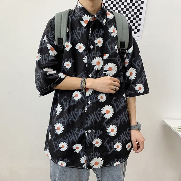 

2021 new men's short sleeve summer flower shirts, korean casual holiday blouse big size yi36 t07y, White;black
