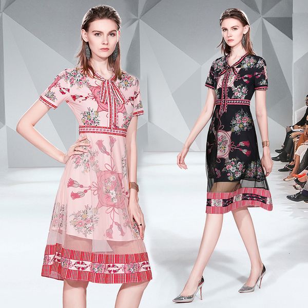

2021 fall new elegant bow collar flower print patchwork mesh a-line es women short sleeve party midi vestidos 9ajd, Black;gray