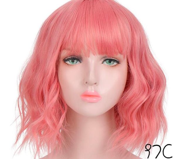 

short wavy wigs for black women african american synthetic pink hair purple wigs with bangs heat resistant cosplay wig