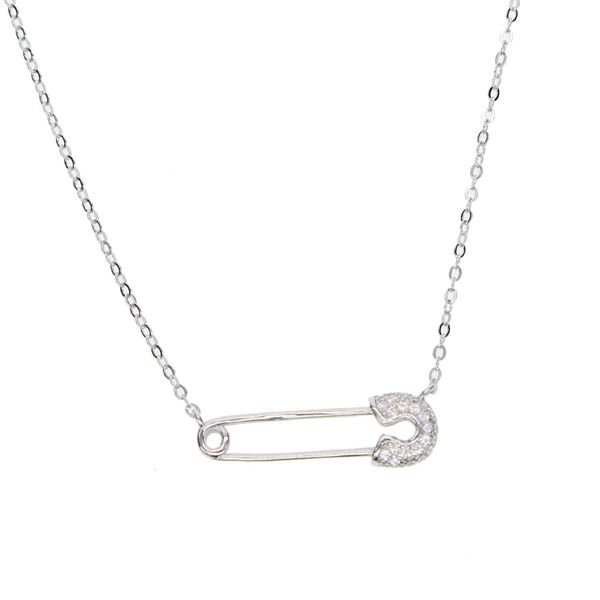 

european women jewelry simple safety pin necklace paved cz shiny silver 925 simple latest design silver jewelry