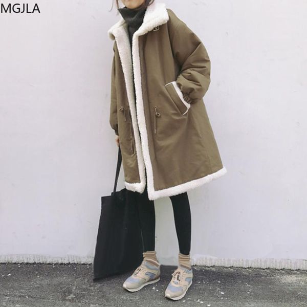 

cotton padded women's middle and long winter lambs wool coat loose cotton clothes korean thickened plush padded jacket1, Black