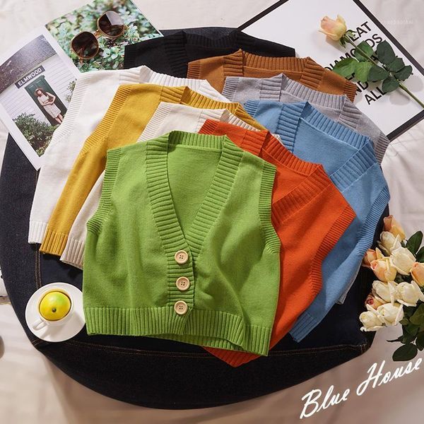 

crop knitted cardigan vest women's sweater autumn winter korean wild sweater vests sleeveless tanks female buttons new1, White