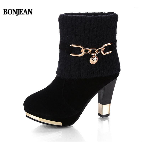 

boots bonjean women's ankle heels fashion chunky heel booties short tube female shoes size 35-431, Black
