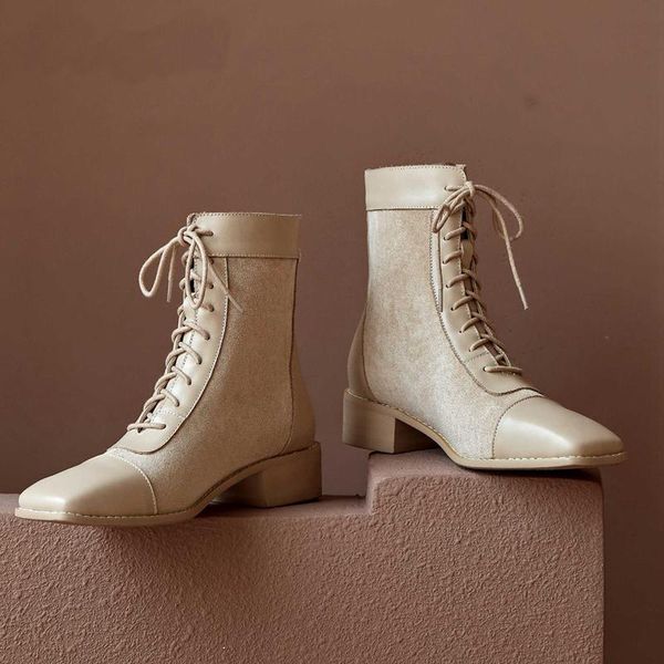 

ankle boots women's shoes genuine leather new winter korean patchwork streetwear lady dating ankle boots femme, Black