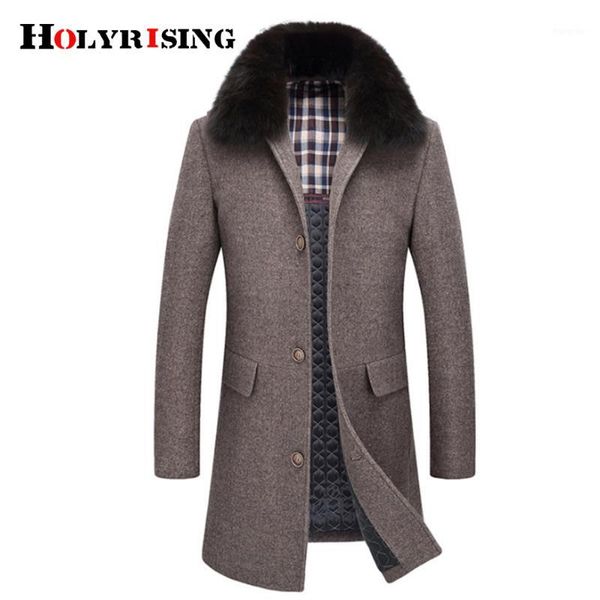 

holyrising men fax fur wool jacket 45% wool men longer section woolen coats jackets outerwear warm coat #182191, Black