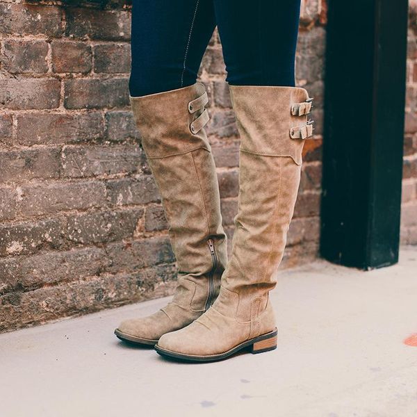 

women thigh high boots faux leather low heels over the knee long boots retro buckle platform ladies shoes plus size botas mujer, Black