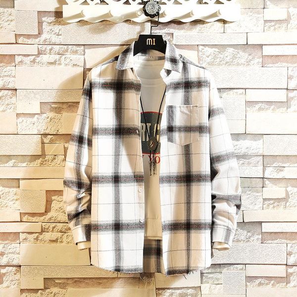 

retro mens shirt new 2021 flannel plaid men's shirt long sleeve 100% cotton loose streetwear jacket shirts kpop clothes dropship, White;black