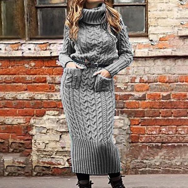 

autumn winter women fashion solid full sleeve turtleneck pullover solid color double pockets knitted sweater dress1, White;black