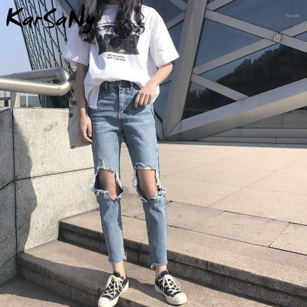 

karsany high waisted ripped jeans for women denim pants female women's jeans broken hole destroyed women 2020 spring1, Blue