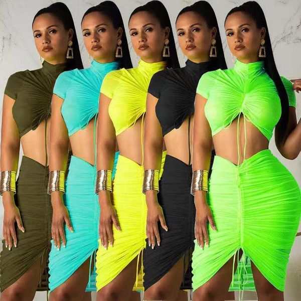 

fashion leisure sports stretch slim nightclub pleated drawstring half high neck short blouse mid skirt two-piece suit, White;black