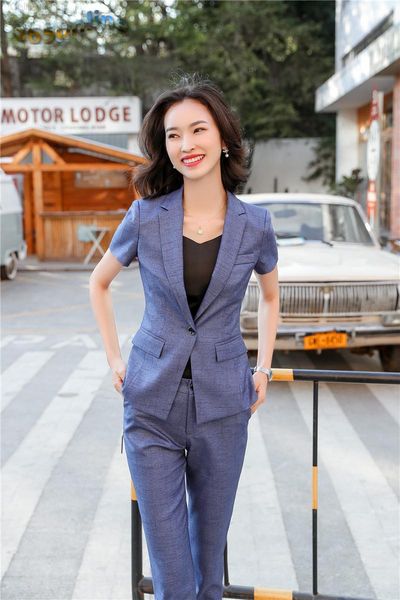 

2020 summer short sleeve formal business suits with pants and jackets coat for women professional blazers fabric, White