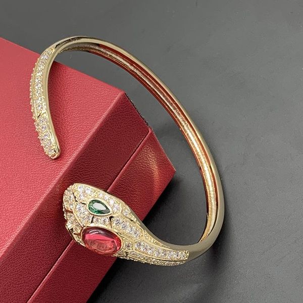 

bangle european and american trend simple ruby snake head bracelet men women couple open green eyes full diamond, Black