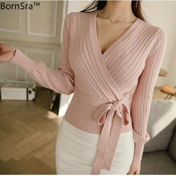 

women's knits & tees elegant pink v neck lantern sleeve lacing up wrap sweater women 2021 spring fall black cardigan knitted jumper lad, White