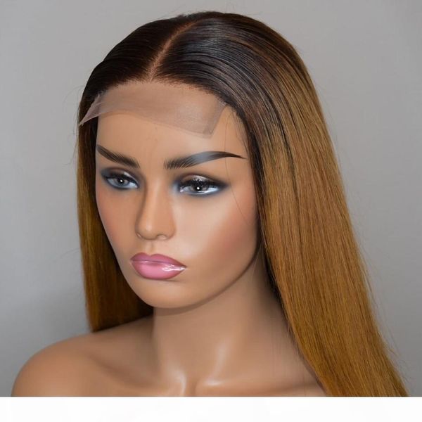 

ombre t1b 27 color wig lace front human hair wigs 14-22 brazilian remy straight wig for women bleached knot 4x4 lace closure wig, Black;brown