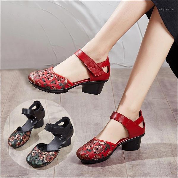 

dress shoes 2021 spring woman genuine leather pumps high heels retro flower ladies sandals hollow women zapatos de mujer1, Black