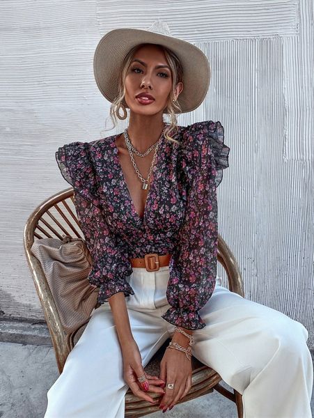 

allover floral print ruffle trim blouse l6ky#, White