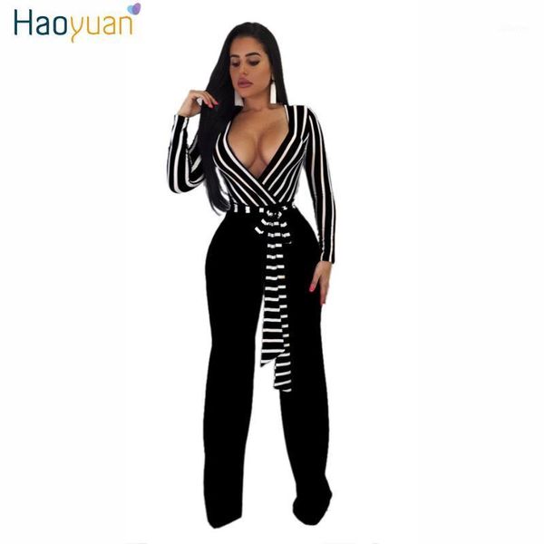 

haoyuan deep-v long sleeve jumpsuit autumn stripe bandage overalls wide leg pants casual party club rompers womens jumpsuit1, Black;white