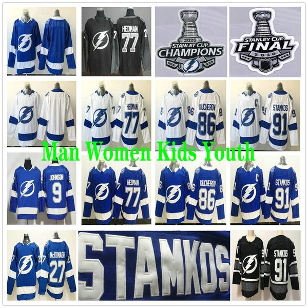 

man women kids tampa bay lightning steven stamkos victor hedman nikita kucherov vasilevskiy mcdonagh 2020 stanley cup champions patch jersey, Black;red
