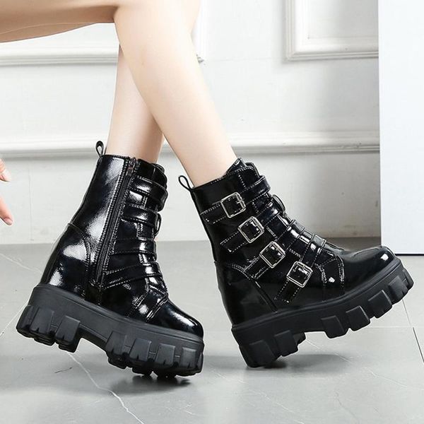

fashion double buckle chunky boots women black patent leather platform ankle boots woman punk style hidden heels shoes