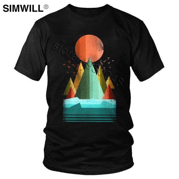 

sport geometry mountain sunset tees men 100% cotton 70s streetwear t-shirt short sleeves round neck tshirt fashion t shirt wholesale