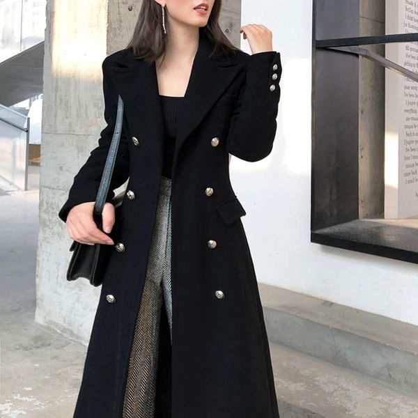 

1inks black women's medium length new style slim chic heavy woolen coat8uy