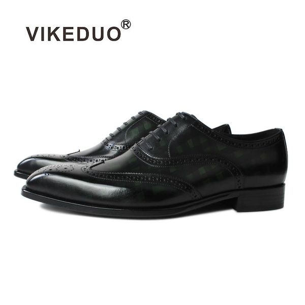 

vikeduo 2020 new brogue handmade oxford shoes men real cow leather wedding office patina dress shoes formal shoe, Black