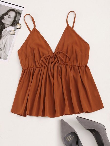 

plus solid shirred knot peplum cami t9ni#, Black