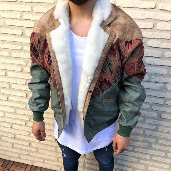 

men 2021s suede stitching fur coat color block lapel long sleeve fleece buttons coats jackets winter warm patchwork outwear, Black;brown