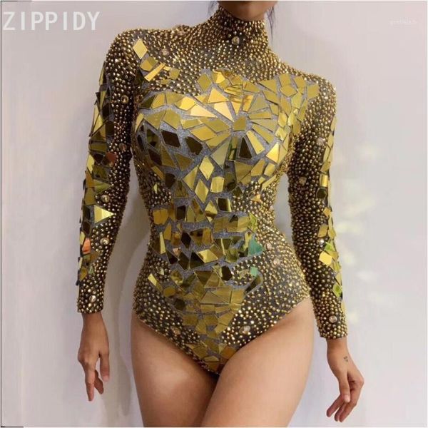 

stage wear bright gold rhinestones mirrors bodysuit women's birthday celebrate outfit bar singer dancer show stretch outfit1, Black;red