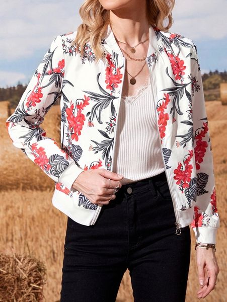 

emery rose floral print zipper bomber jacket g2mt#, Black;brown