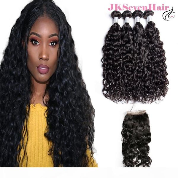 

water wave 12a grade brazilian virgin hair extensions 4pcs with 4x4inch lace closure malaysian peruvian indian human hair weaves, Black