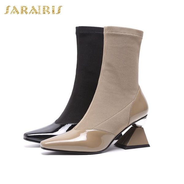 

sarairis new leather strange heels elastic sock boots women shoes woman fashion shoes woman boots, Black