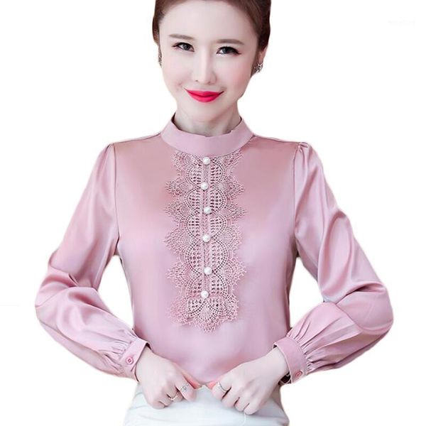 

fashion lace patchwork women blouses long sleeve stand collar chiffon blouse women shirts plus size silk blusas mujer1, White