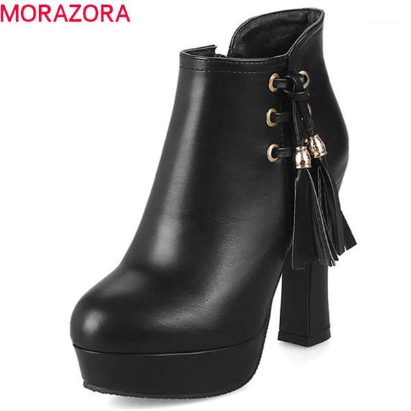 

boots morazora 2021 women round toe short plush autumn winter tassels fashion platform ankle high heels shoes1, Black
