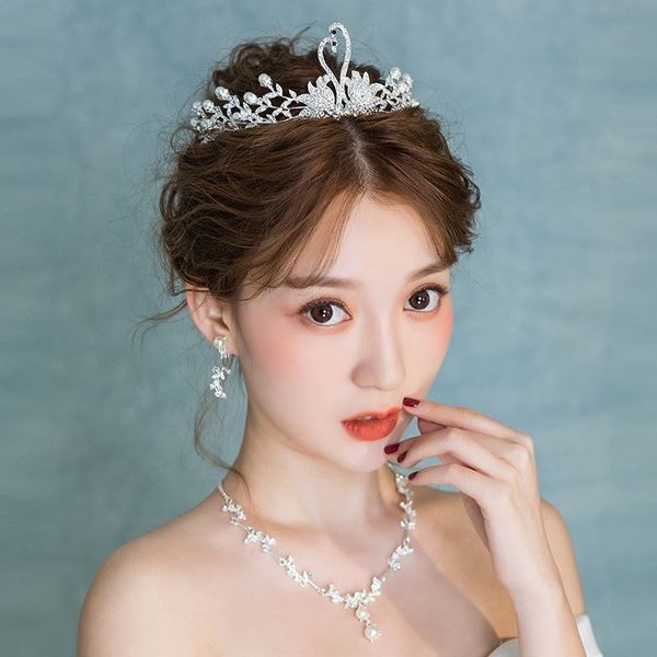 

bridal headdress crown female three piece korean necklace earring set super fairy wedding dress accessories, Silver