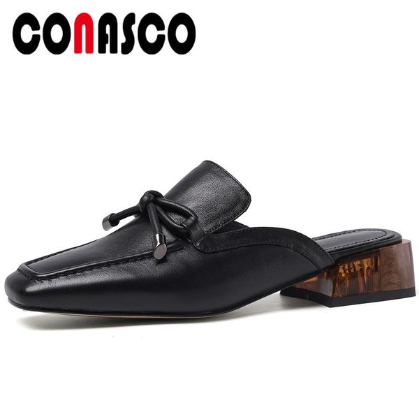 

conasco women sandals low heels slippers mules retro classic genuine leather butterfly-knot 2020 summer new casual shoes woman, Black