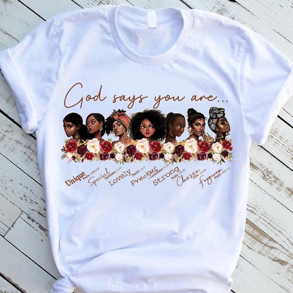 

god says you are black girl is beutiful magic t shirt women fashion graphic t shirts black lives matter juneteenth tshirt, White