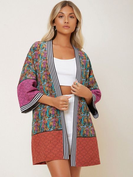

x dash of pep striped trim snakeskin print colorblock kimono l9b8#, White;black