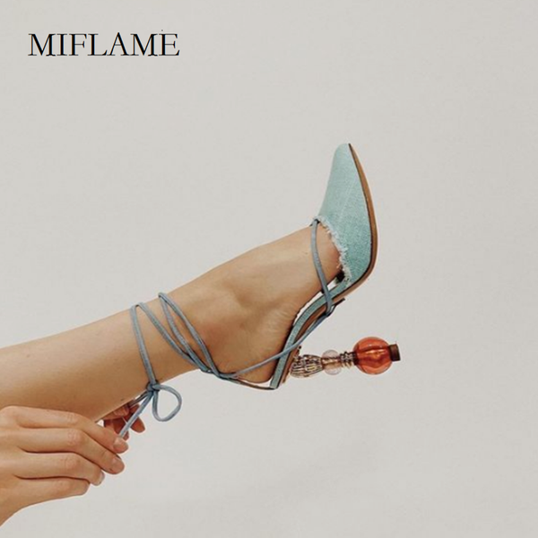 

new women's high heeled shoes fashion elegant bead strange heel sandals pointed tod ankle lace up high heeled sandals 2021, Black