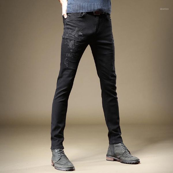 

men's jeans black men fashion embroidery slim fit pencil pants1, Blue