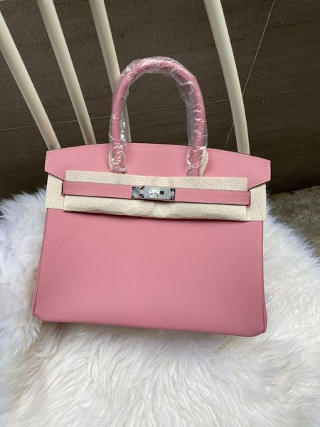 

30cm luxury purse,handmade quality,pink color,epsom leather,wax line stitching,gold and silver hardware,wholesale price,also have size25cm,f