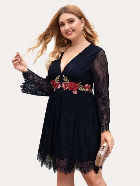 

fall new lace embroidered deep v plus size dress, Black;gray