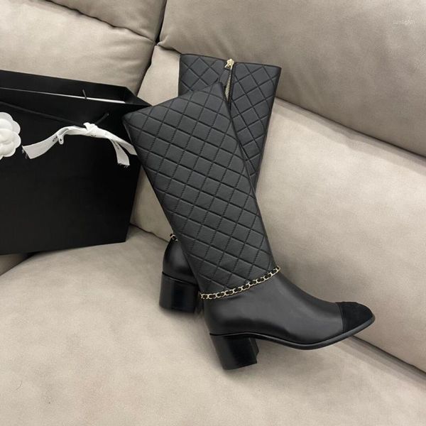 

new winter genuine leather knee high boots woman pachwork round toes high heels boots woman zapatos de mujer1, Black