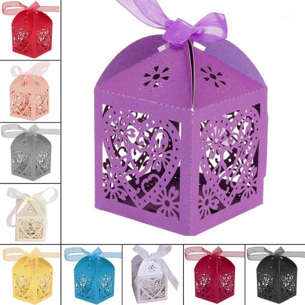 

gift wrap wituse wholesale 100pcs/lot hollow heart laser cut iridescent paper candy boxes wedding favour with ribbon home decor1