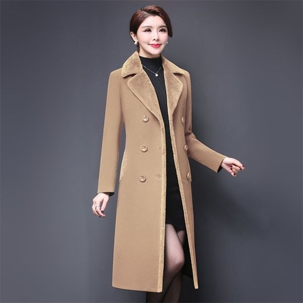 

m-5xl new women wool blends coat winter fashion mother thicken cashmere collar long jacket warm slim outerwear female 201216, Black