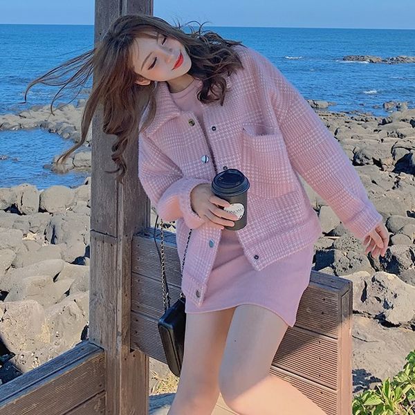 

autumn 2020 new mink like loose coat long sleeve temperament plaid cardigan sweater women's wear